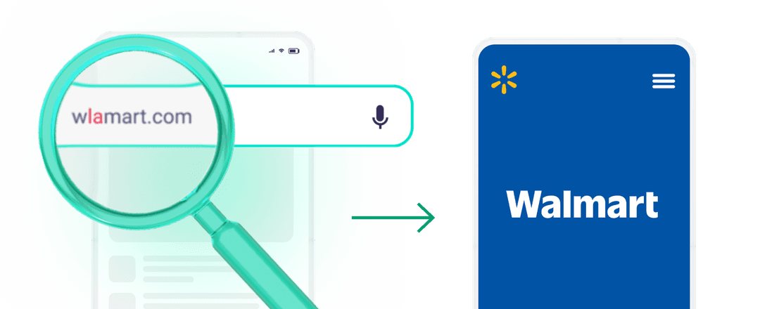 Image with wrongly typed wlamart.com showing redirect to Walmart