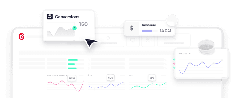 Application panel with small popup windows: Conversions 150, Revenue $14.041, Growth line chart