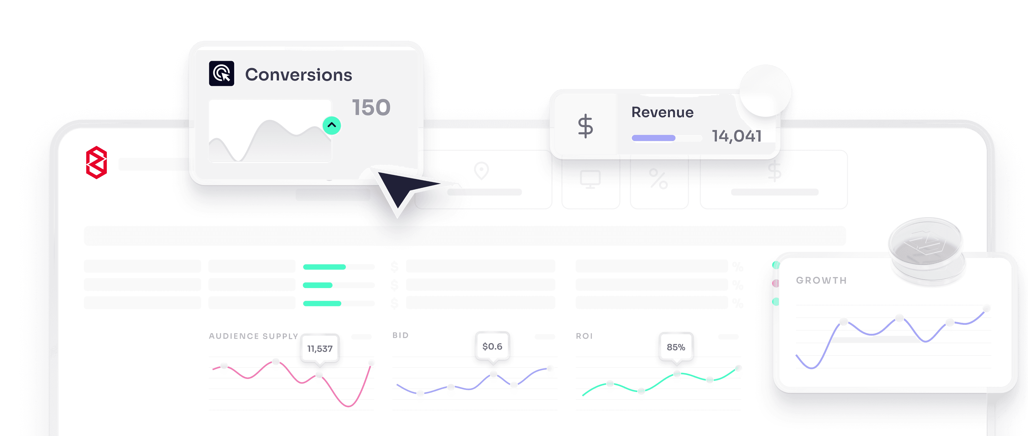 Application panel with small popup windows: Conversions 150, Revenue $14.041, Growth line chart