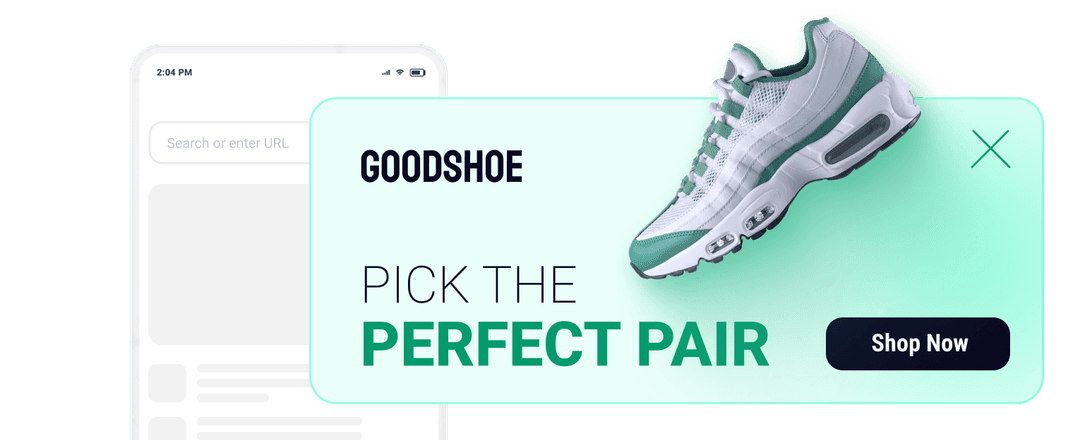 Banner with Shop Now icon and a pair of shoes