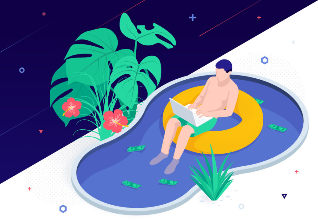 Affiliate marketing career, man with laptop in a pool